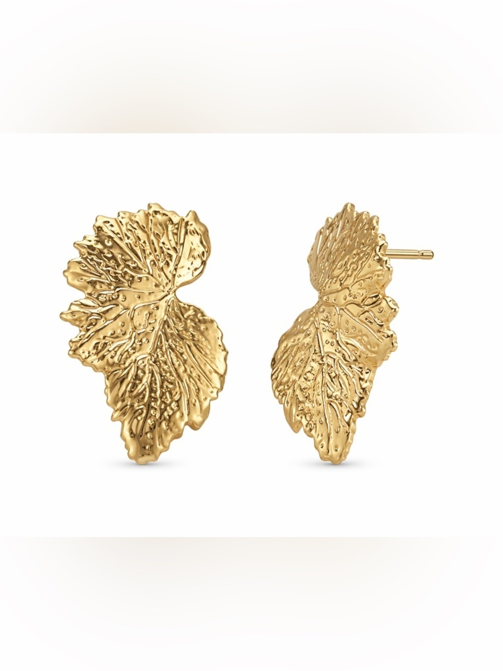 Gold Textured Leaf Statement Stud Earrings Botanical Vein Design